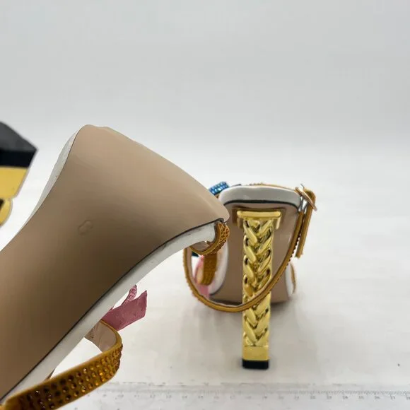 FSJ Crystal Bows Gold Metal Chain Thick High Heel Open Toe Crystal Bows Sandals - Picture 6 of 8